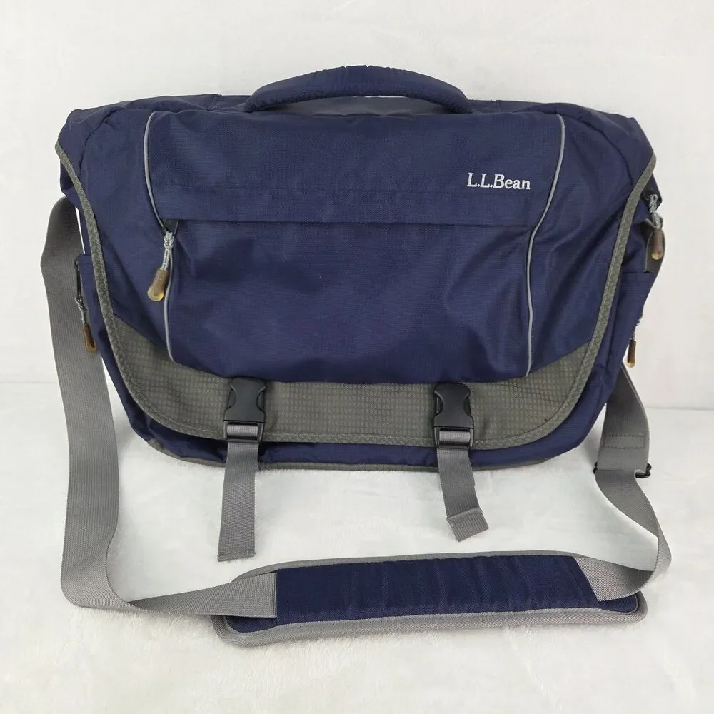 LL Bean Vintage Blue Gray Padded Laptop Messenger Shoulder Bag Briefcase